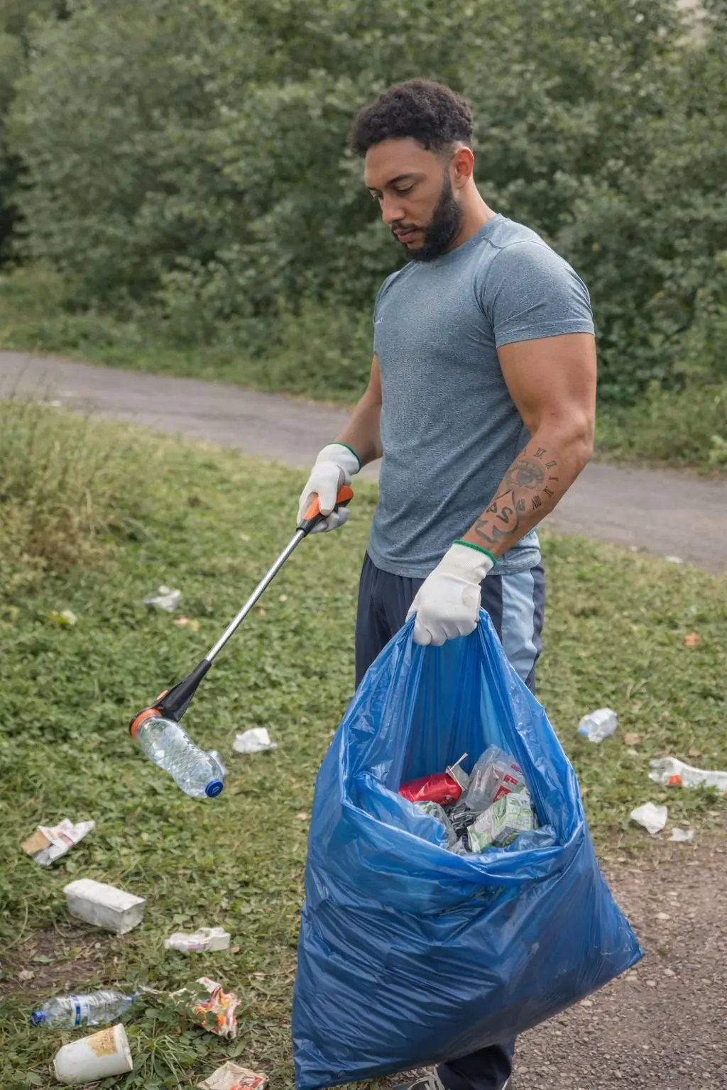 The founder of Litter Me Removals out working, litter-picking in gloves with a bag